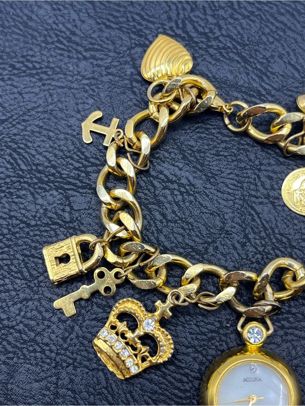 Gold Charm Bracelet Watch with Decorative Charms Crown Hearts Key  Charms
